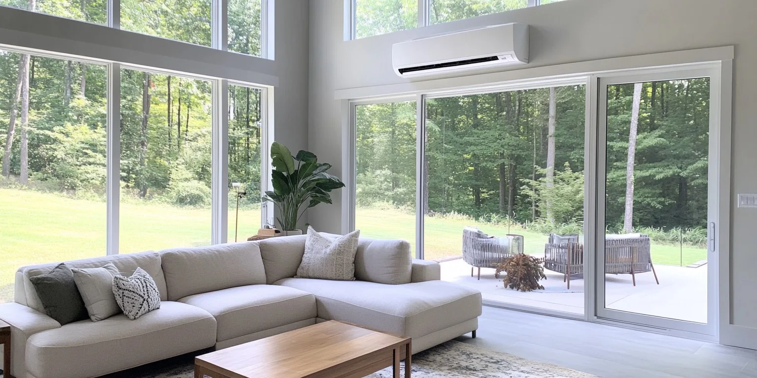 Wall-mounted Mitsubishi mini split system installed in a modern living room, providing efficient ductless air conditioning.