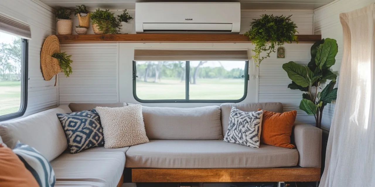 Wall-mounted mini split heat pump installed in a mobile home, providing efficient heating and cooling.