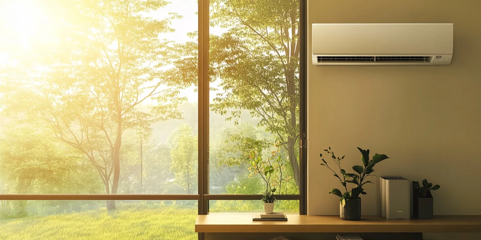 Wall-mounted Mitsubishi mini split system installed in a modern living room, providing efficient ductless heating and cooling with outdoor compressor visible through the window.