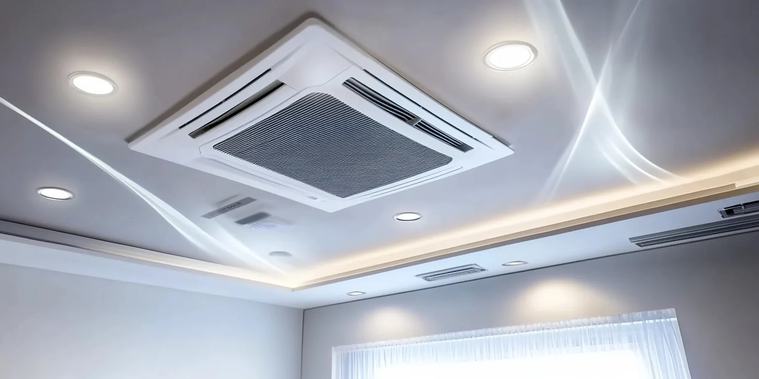 Ceiling-mounted mini split cassette air conditioning unit in a modern room with recessed lighting and a sleek, minimalistic ceiling design.